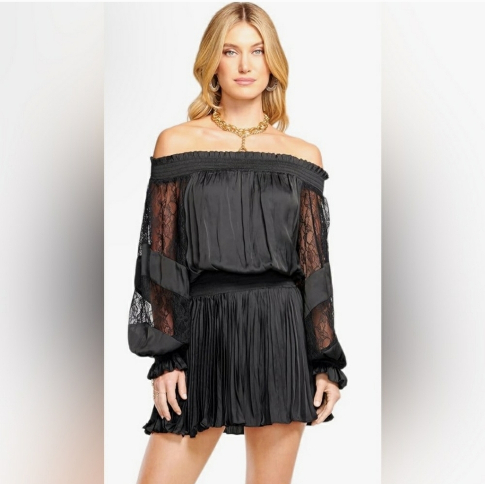 NWT Ramy Brook Trent Lace Off-The-Shoulder Lace Sleeves Smocked Waist Mini Dress